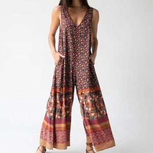Natural Life Floral Wide Leg Boho V-Neckline Jumpsuit